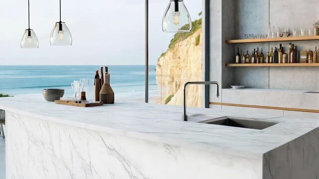 Spacious open plan kitchen displaying high end marble island, elegant bar stools complementing panoramic ocean view with sophisticated lighting and refined design details