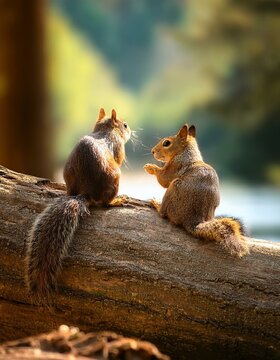 dos ardillas macho y hembra sobre un tronco grande tumbado en el suelo, mirando el bosque, con un rio