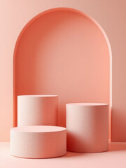 A clean and modern 3D rendering featuring four peach-colored cylindrical podiums with a grooved texture With peach arch background Perfect for showcasing products or displaying minimalist 