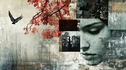 Composite image featuring woman bird leaves trees and textures
