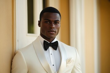 African male adult in elegant white tuxedo with black bow tie