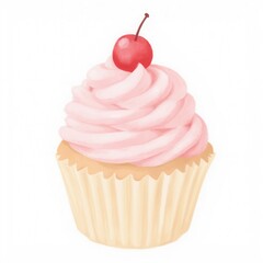 A delightful pink frosted cupcake topped with a bright cherry, perfect for celebrations and sweet treats.