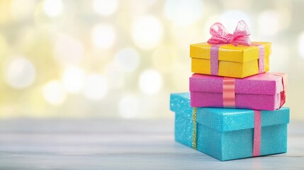 Obraz premium Colorful Gift Boxes with Ribbons on Wood Table and Blurred Background