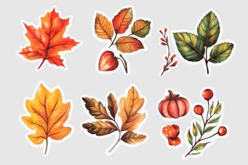 Obraz premium An inviting collection of autumn leaves, acorns, and a small pumpkin, appealingly arranged against a light background, showcasing the warmth and beauty of fall.