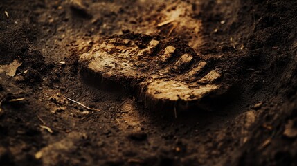 A single shoe print deeply embedded within dark fertile soil