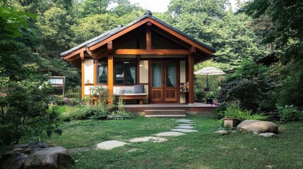 Charming wooden cabin nestled within a lush green forest
