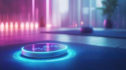 Futuristic meditation and relaxation smart device glowing in ambient neon light wellness technology for stress relief mindfulness and digital therapy in a modern tranquil setting