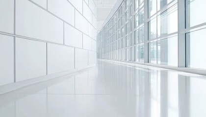 Obraz premium Modern hospital corridor with blurred perspective, clean and minimalistic design, natural daylight streaming through glass panels, futuristic healthcare space