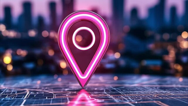 A glowing pink location pin on a map against a blurred city skyline background.