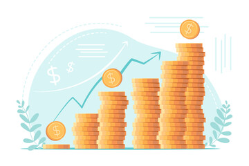Stacks of coins of different heights, side view, financial concept and financial investment, growth of stocks and business. Vector illustration of profit, successful investment of money. Dollar sign
