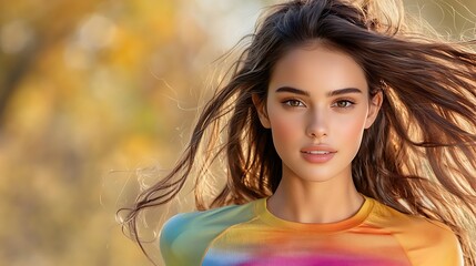 Fototapeta premium A Latina woman, 35 years old, caught mid-run in an action-packed full-body shot. She wears a relaxed-fit, colorful athletic t-shirt and shorts, her hair bouncing in motion. Isolated background, 