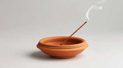 A handmade clay incense holder with a single burning incense stick. A light wisp of smoke drifts into the air.
