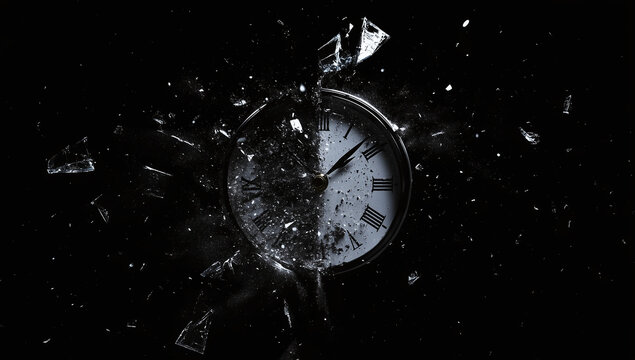 Shattered Vintage Clock in Space Explosion