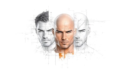 Fototapeta premium A captivating black-ink illustration of three men, the bald figure with sharp cheekbones, two twin brothers with expressive eyes and medium black hair, intricate line weight variations, soft 