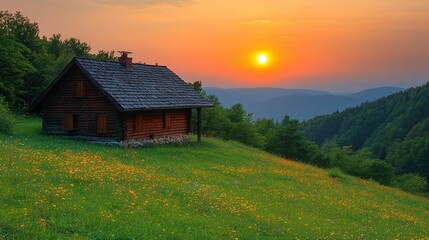 Fototapeta premium Sunset mountain cabin meadow wildflowers scenic landscape
