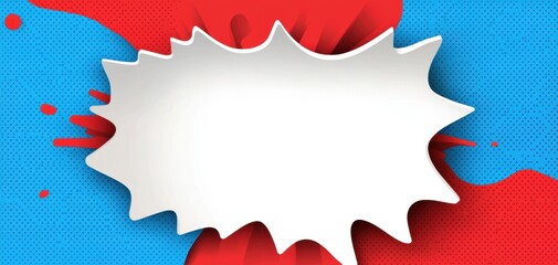 Fototapeta premium Retro comic-style speech bubble with jagged explosion edges, halftone blue and red dot pattern, layered paper-cut effect, bright and playful design, ultra-detailed