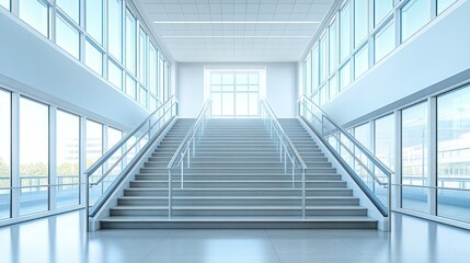 Fototapeta premium Modern light-filled interior staircase with city view