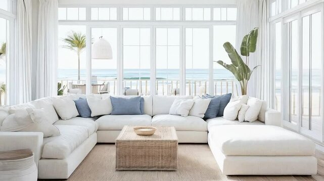 Natural light illuminates a modern white sectional sofa in a beach house living room, offering a serene view of the ocean through large windows, creating a relaxing coastal atmosphere