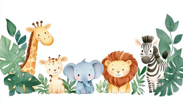 Fototapeta Soft and dreamy watercolor jungle scene with baby safari animals, tropical leaves framing an open space, cute giraffes, elephant, zebra, and lion, warm and inviting