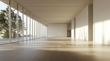 Spacious and serene empty room, natural light from large windows, subtle shadows on white walls, warm oak flooring, modern and elegant simplicity, photorealistic rendering