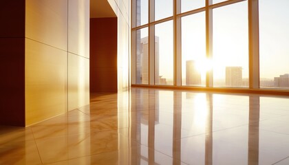 Obraz premium Spacious office entrance with soft-focus effect, glass walls overlooking a cityscape, warm sunlight reflections, elegant and professional atmosphere