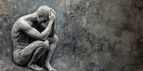 Sculpture depicts a seated human figure expressing sadness and despair