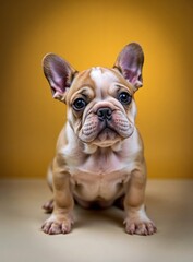 Fototapeta premium French Bulldog puppy sitting proudly on bright yellow background