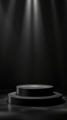 Abstract two black round podiums for cosmetic products with light beams, mockup on black background