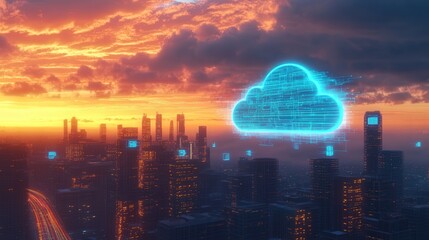 Obraz premium futuristic cityscape with digital cloud overlay and glowing technology icons