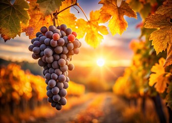 Autumn Harvest: Single Bunch of Shiraz Grapes on Vine at Sunset