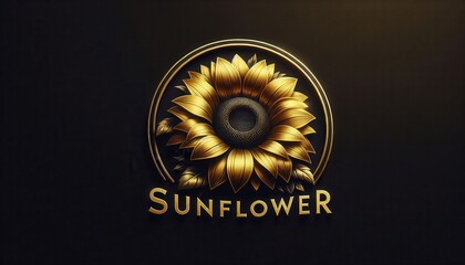 Minimalist sunflower emblem in golden tones with bold text on dark background ideal for eco-conscious branding organic product packaging and digital use