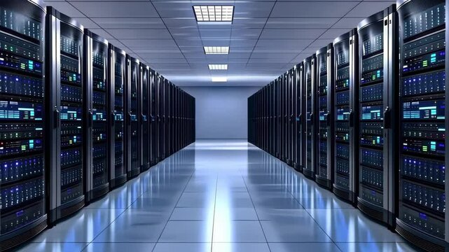 A row of server racks in a data center, featuring multiple servers and blue lighting in a modern, sleek environment.