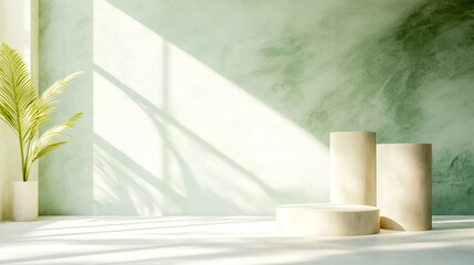 3D render of a white background with empty cylinder pedestal podiums on the right side, light shadow