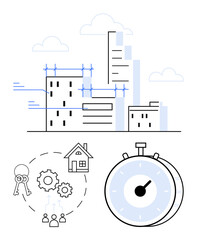 Skyscrapers under construction, gear teamwork, keys, house, and stopwatch showing project management. Ideal for real estate, architecture, urban planning, deadlines teamwork efficiency abstract