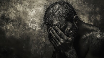 Man covers his face conveying emotional distress in monochrome image