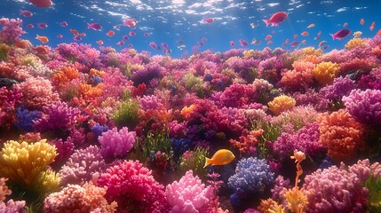 Naklejka premium A vibrant coral reef is teeming with colorful formations and small orange fish.