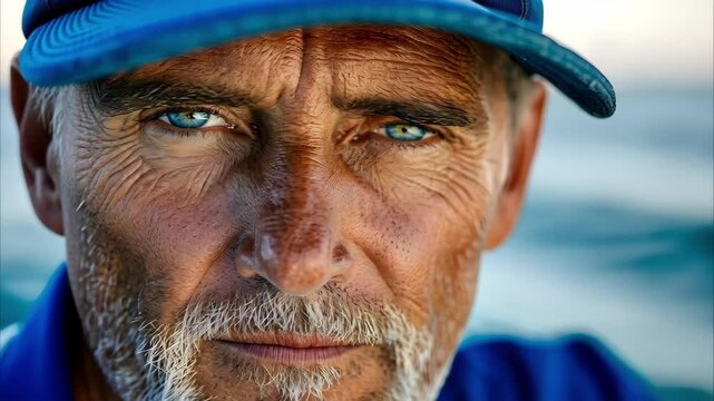 A close-up portrait of an older man with striking blue eyes and a weathered face, wearing a blue cap against a blurred background.