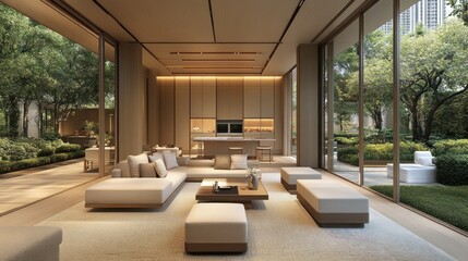 Modern living room with garden view, open concept, luxurious interior design