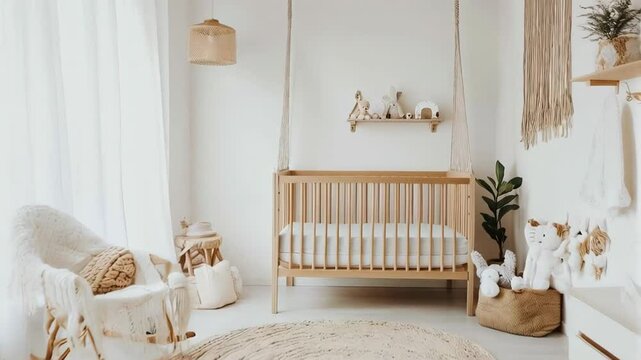 Natural light illuminates a minimalist baby room featuring a wooden crib, a rocking chair, plush toys, and a round jute rug, creating a serene and welcoming atmosphere