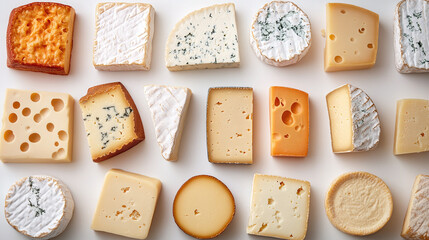 Cheddar cheese collection, cut in pieces, side an top down view, isolated on a white background.
