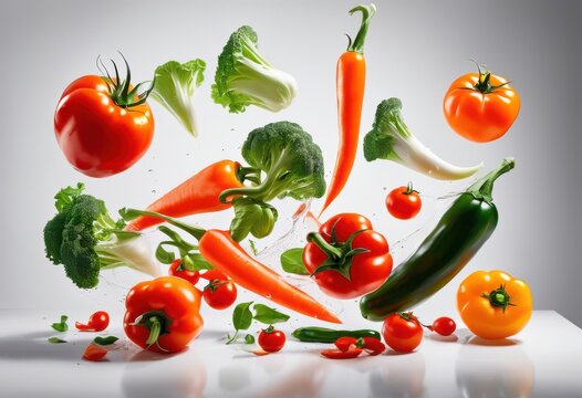vibrant composition fresh vegetables elegantly floating mid air minimalistic background, asparagus, artichoke, baby, greens, beans, beets, broccoli - Powered by Adobe
