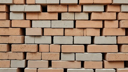 Obraz premium Stacked bricks in pale orange and grey, forming a textured background. Ideal for construction, design, and architectural projects.