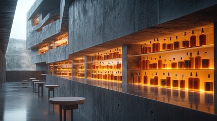 Modern concrete bar, whiskey bottles, backlit shelves, mountain view