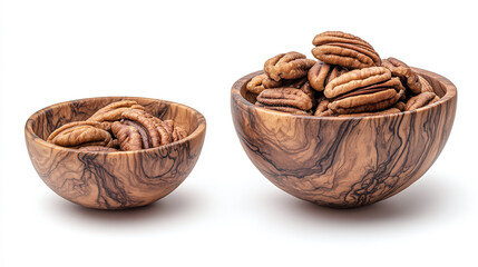 Pecan nuts in a wooden bowl bundle, side and top view, isolated on a white background.