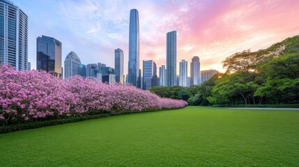 Obraz premium A breathtaking sunset over modern skyscrapers, with a park full of blossoming trees in the foreground