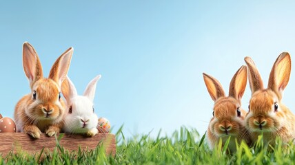 Obraz premium Cute bunnies playfully resting on green grass with wooden sign and Easter eggs under a clear sky.