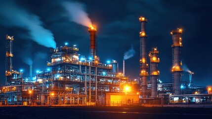 Fototapeta premium Nighttime View of Industrial Complex with Smoke and Lights