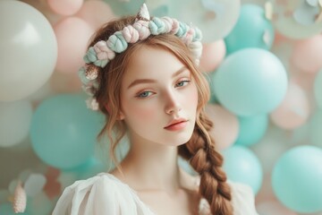 Young caucasian female with braided hair wearing floral headband amidst pastel balloons