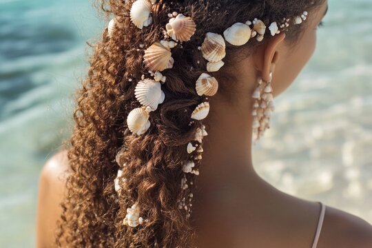 Female with curly hair and seashell accessories by the ocean