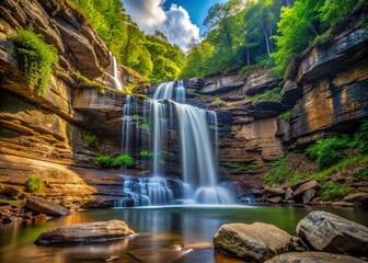 Fototapeta premium Baskins Creek Waterfall Cascading Down Cliff Face - Dramatic Nature Photography